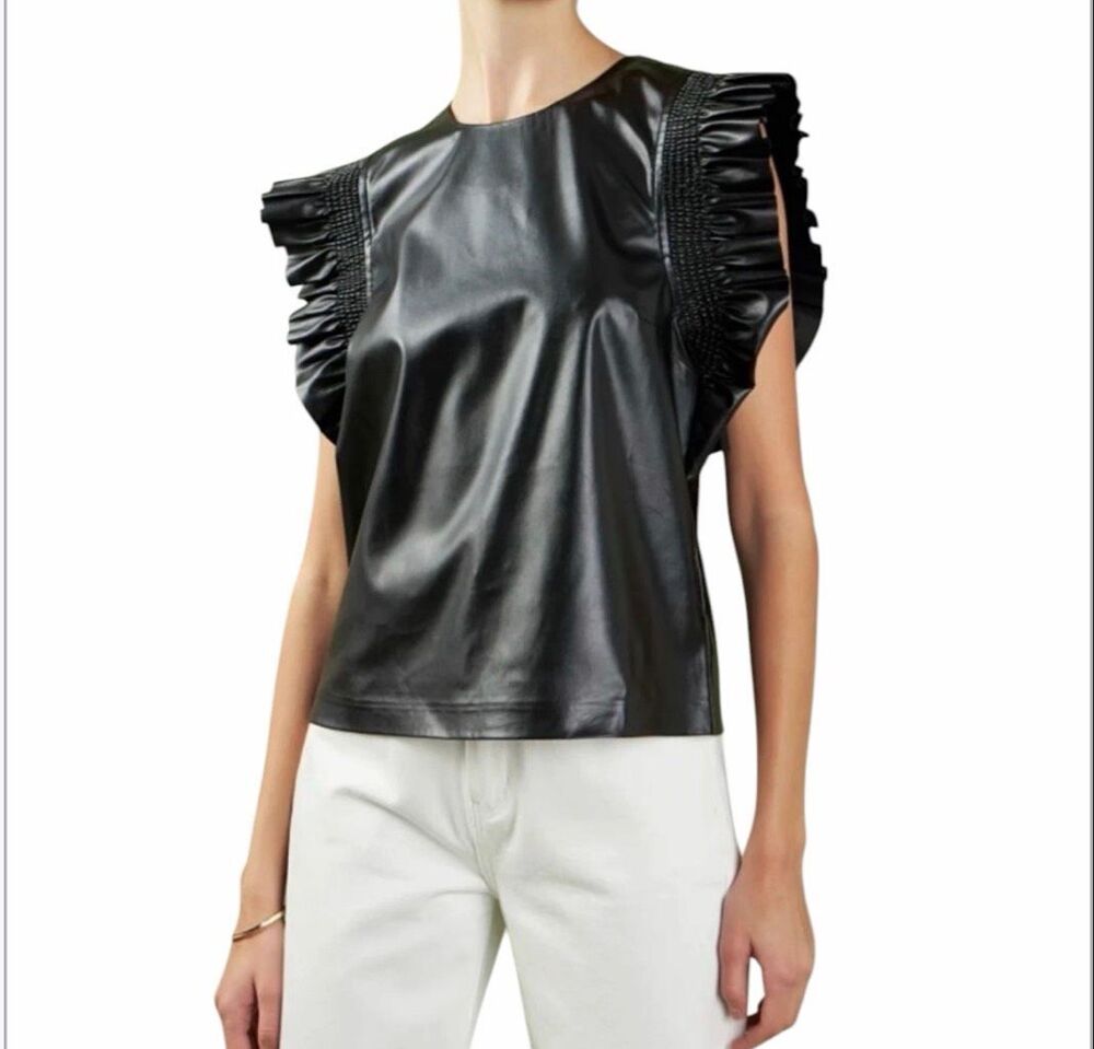 English Factory Black Faux Leather Flutter Sleeve Blouse Sz M